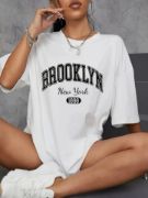 Baskılı Oversize Bisiklet Yaka T-shirt - Beyaz resmi